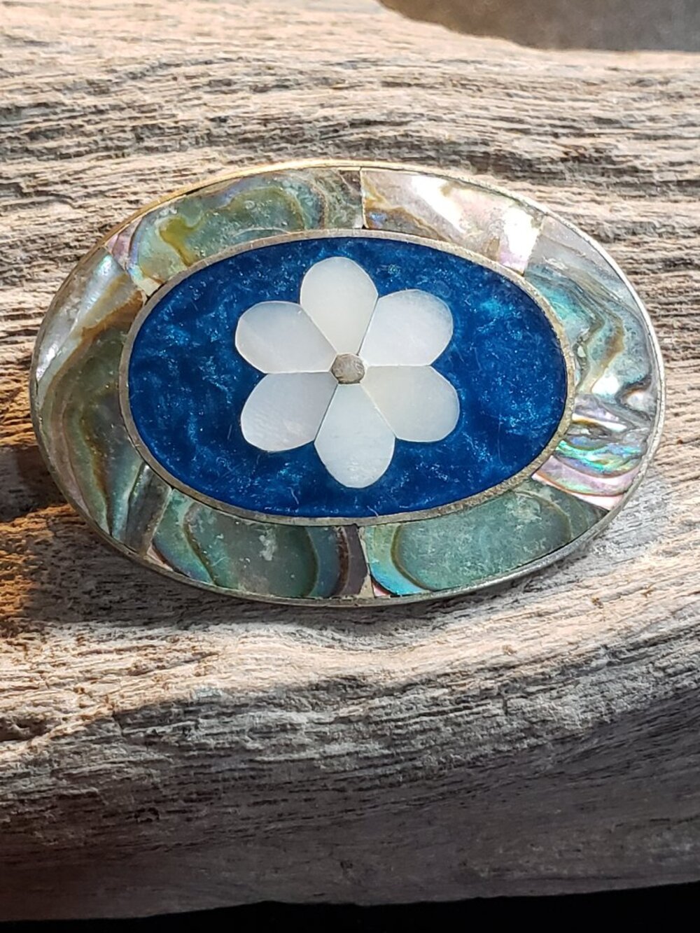 Alpaca Mexico Brooch Abalone and Mother of Pearl Inlay Oval Pendant